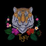 80396709-tiger-head-tropic-flower-front-view-embroidery-patch-sticker-orange-striped-black-wild-animal-stitch